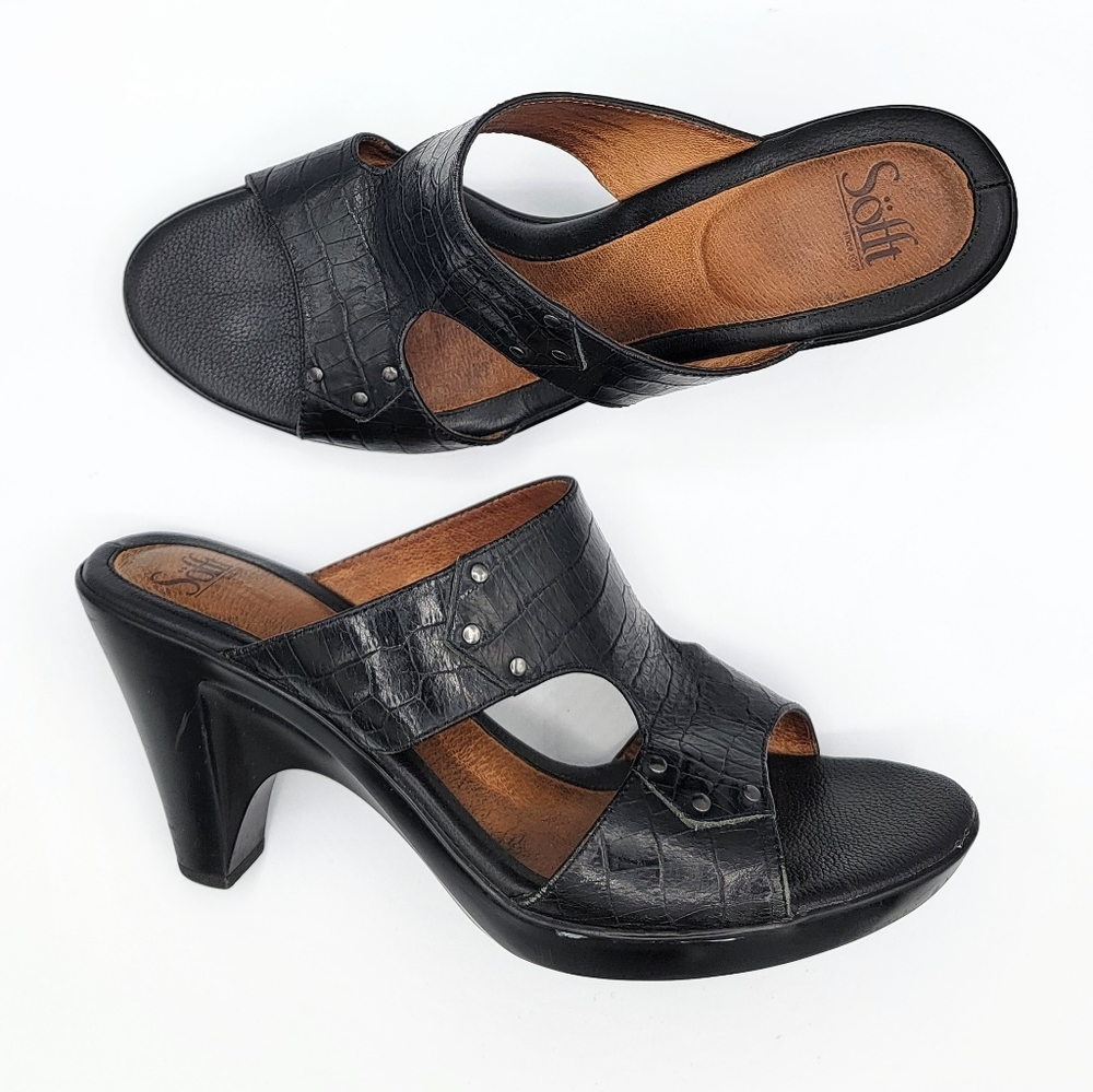 Sofft Black Reptile Pattern Heel Open Toe Leather Sandals Size 11
